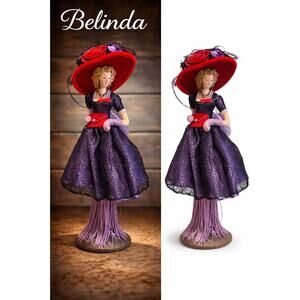 Popular Creations Belinda Lady Figurine Red Hat Purple Dress Tassel Stand 13”